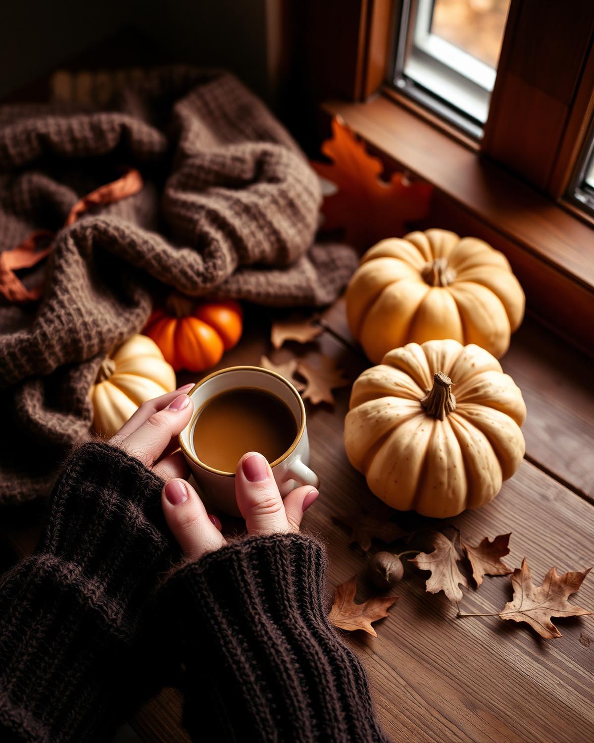 Autumn coffee ritual on a wooden table