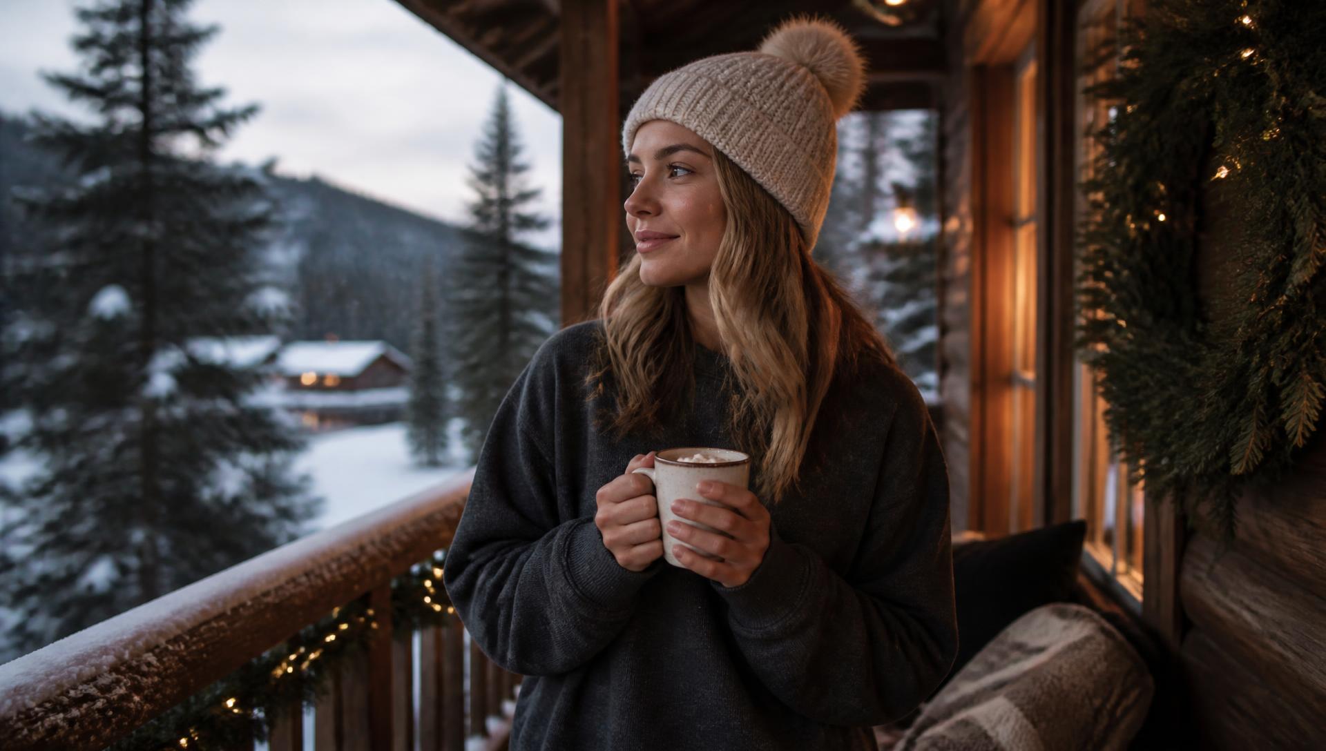 Person in a charcoal sweatshirt holding cocoa on a snowy cabin porch at dusk
