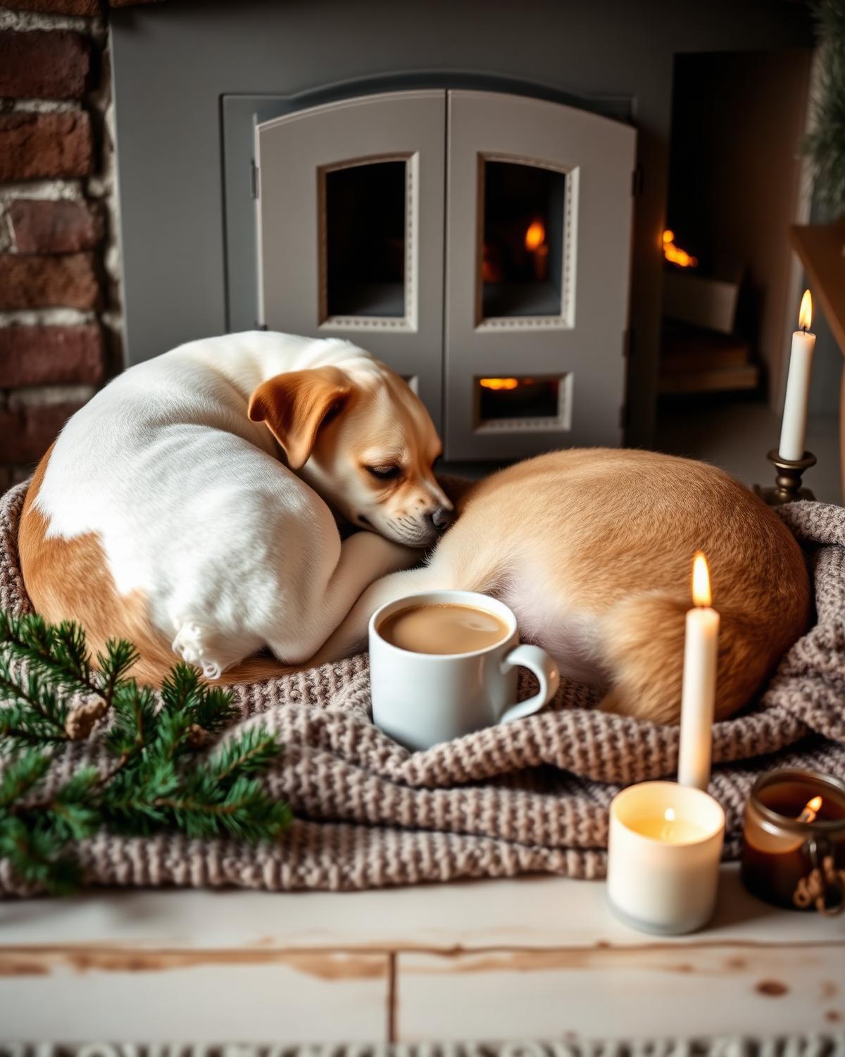Dogs curled by a fireplace beside cocoa, pine branches and candles