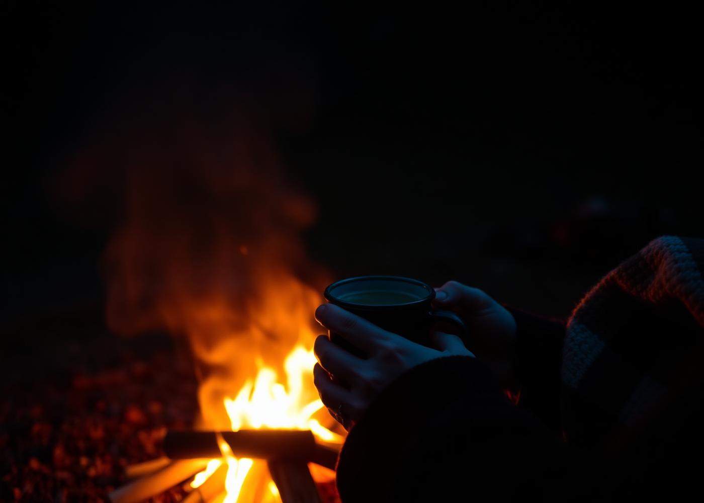 Campfire at dusk with hands warming a mug of coffee